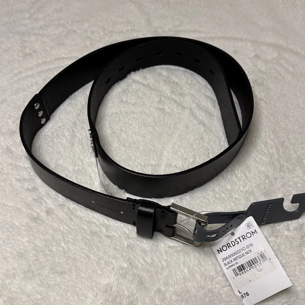 AllSaints Women’s Geometric Silver Studded Black Leather Belt - Sz Large, NWT